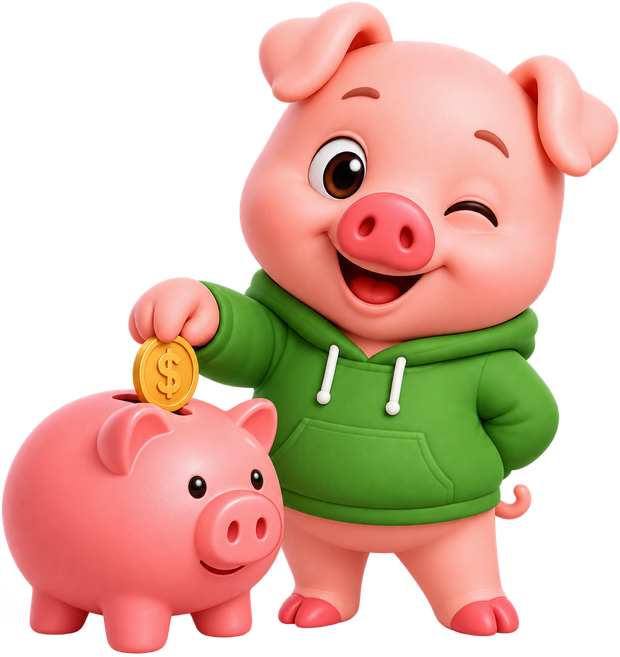 Piggy con una alcancía y una moneda